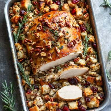 Sheet Pan Herb Roasted Turkey and Cranberry Pecan Stuffing