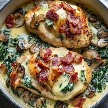 Smothered Chicken with Creamed Spinach, Bacon, and Mushrooms