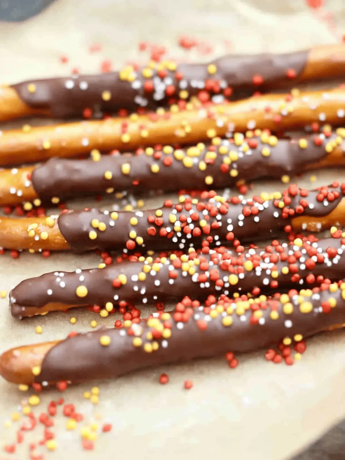 Chocolate Covered Pretzel Rods with Fun Fall Sprinkles 3 Chocolate Covered Pretzel Rods