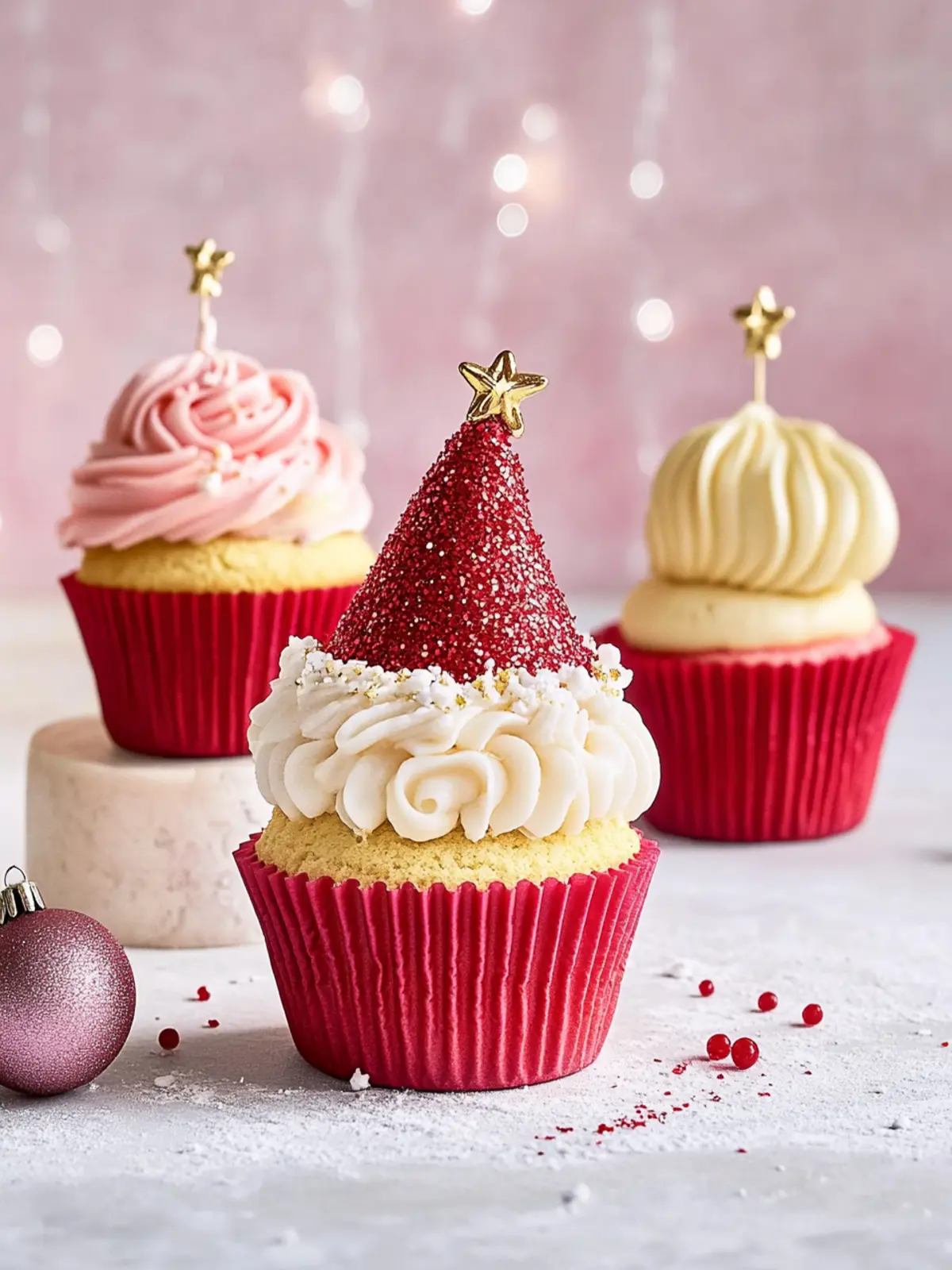 Santa hat and bauble cupcakes
