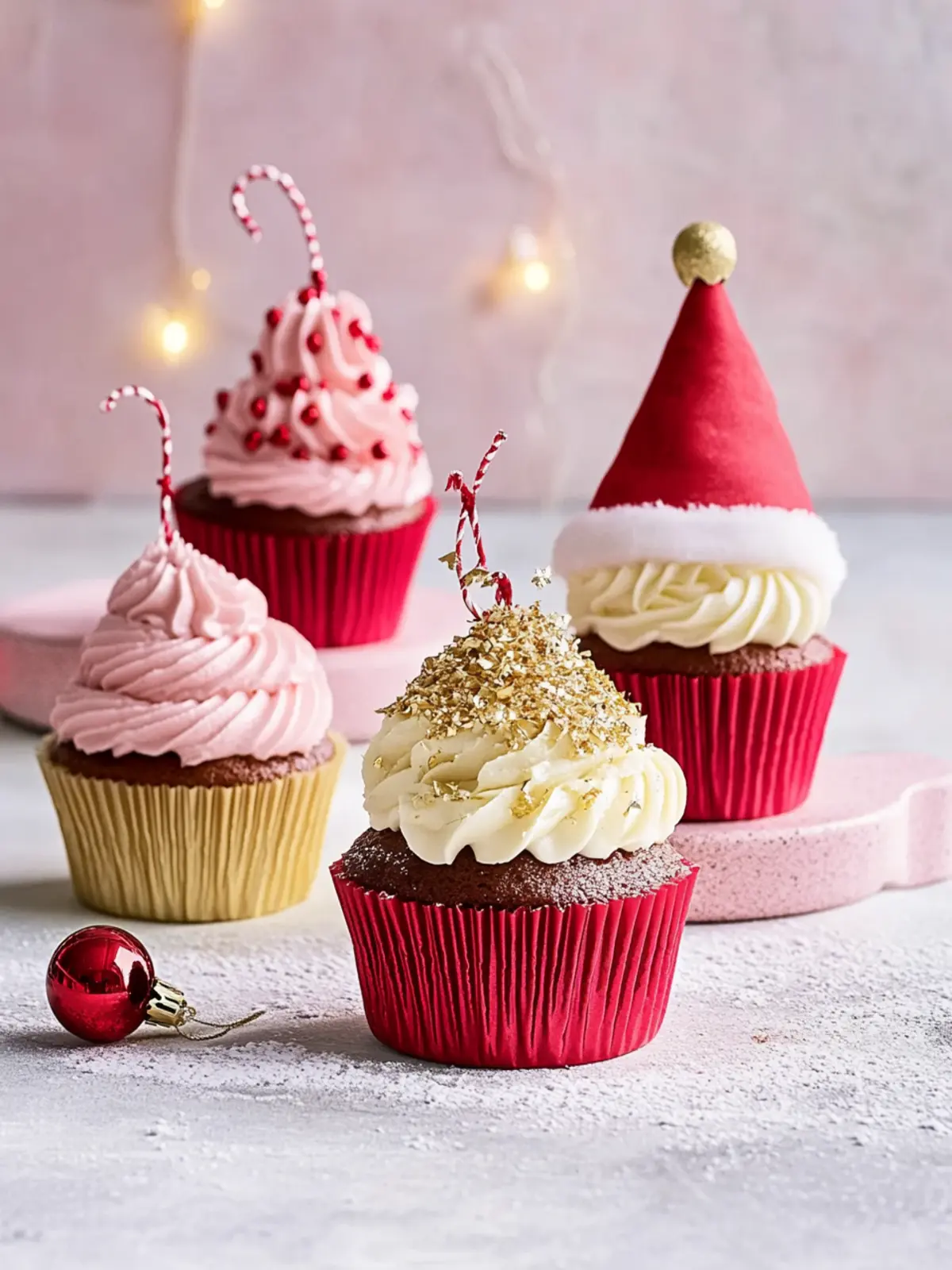 Santa hat and bauble cupcakes