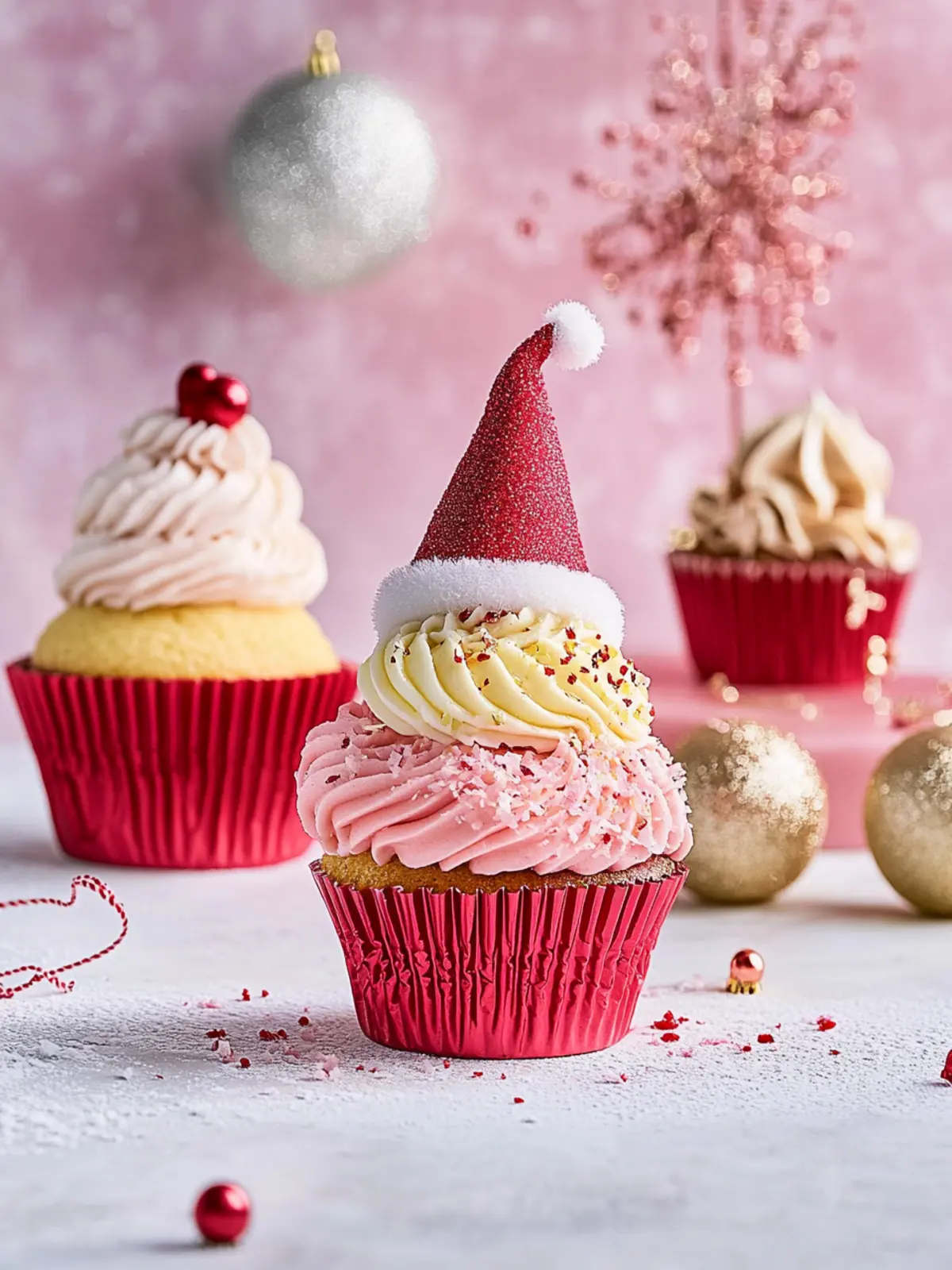 Santa hat and bauble cupcakes