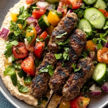 Beef Kefta with Hummus and Tomato Cucumber Salad